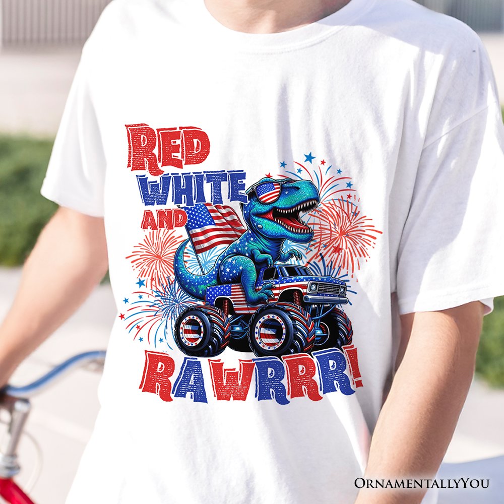 Patriotic Dinosaur Monster Truck T-Shirt, Red White and Rawrr 4th of July Tee T-Shirts OrnamentallyYou 