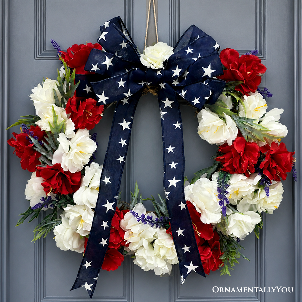 Patriotic Red White & Blue 18" Floral Wreath with Star Bow