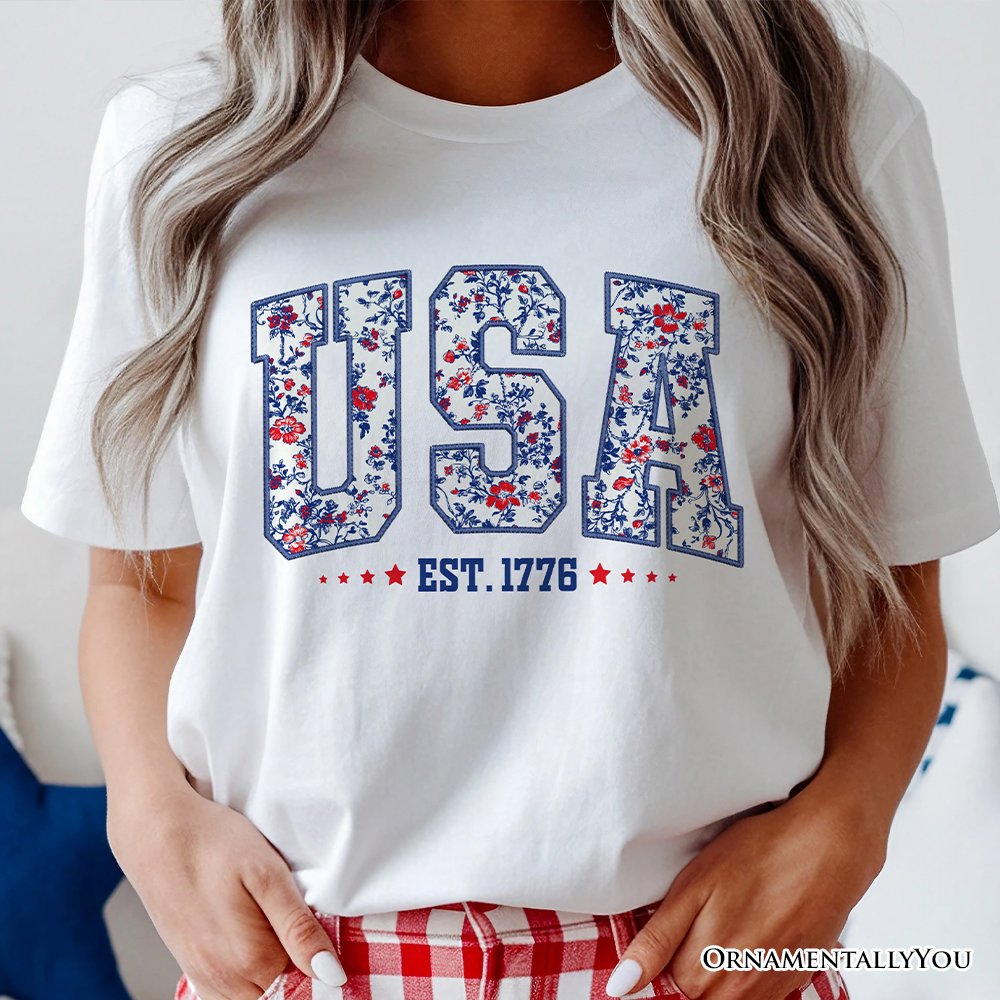 Patriotic USA Floral T-Shirt, 1776 Independence Day Tee T-Shirts OrnamentallyYou 