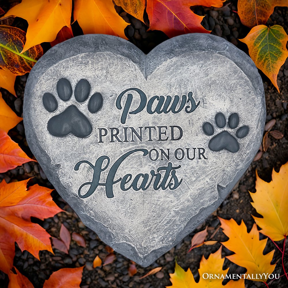 Paws Printed on our Hearts Memorial Stepping Stone for Pet, 9.5" Dog Funeral and Pet Cemetery Decor Resin Statues OrnamentallyYou 