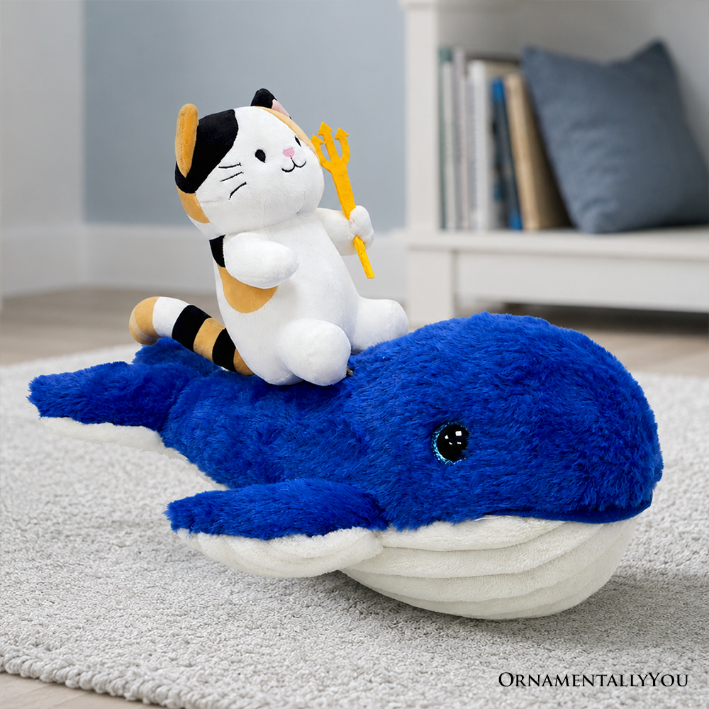 Pawseidon Cat Riding a Whale Plushie Set, 16" Funny Ocean Stuffed Animal Gift for Kids and Teens