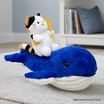 Pawseidon Cat Riding a Whale Plushie Set, 16" Funny Ocean Stuffed Animal Gift for Kids and Teens
