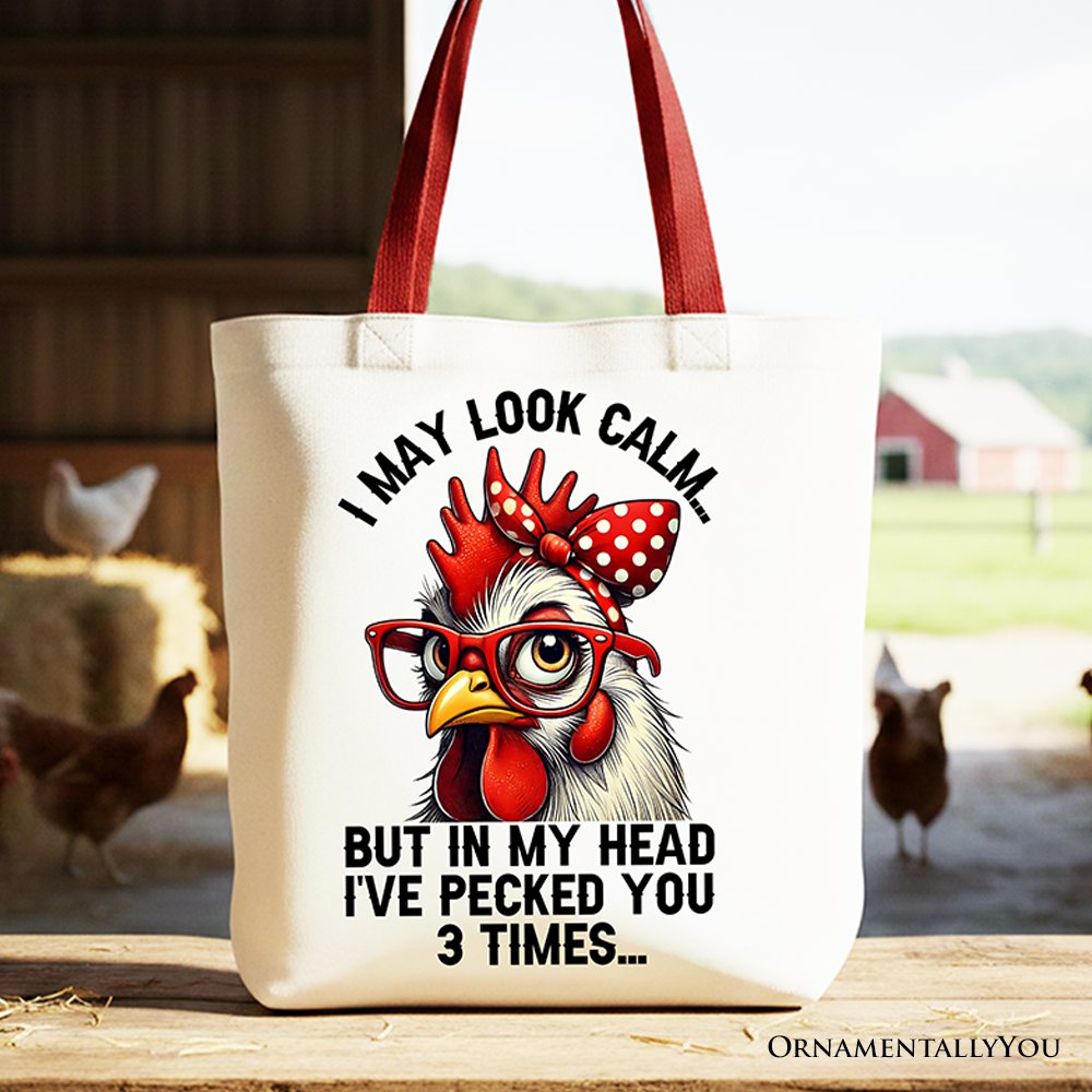 Pecking Chicken Tote Bag, Red Glasses and Bow White Gift Shopper for Sassy Women Tote Bag OrnamentallyYou Red Handle 