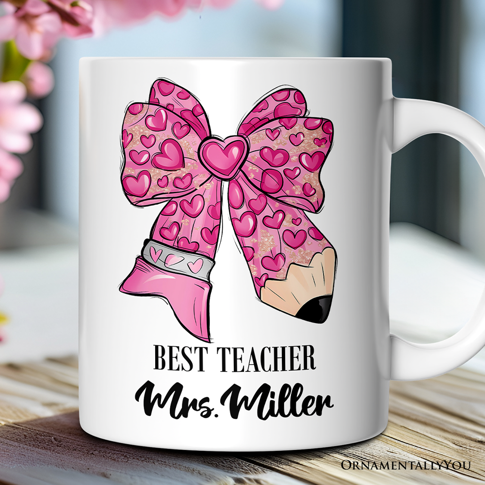 Pencil Coquette Teacher Bow Personalized Mug, Cute Appreciation Present, Back To School Gift With Custom Name