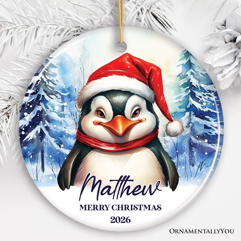 Penguin with Santa Hat Personalized Ornament, Winter Forest Christmas Gift With Custom Name and Date Ceramic Ornament OrnamentallyYou Circle 