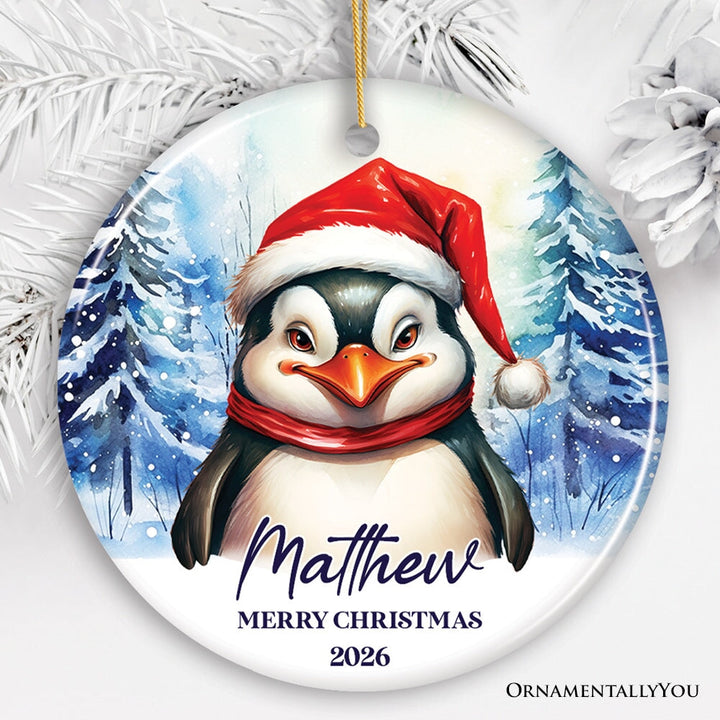Penguin with Santa Hat Personalized Ornament, Winter Forest Christmas Gift With Custom Name and Date Ceramic Ornament OrnamentallyYou Circle 