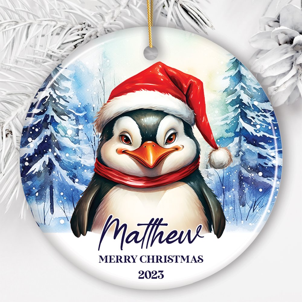Penguin with Santa Hat Personalized Ornament, Winter Forest Christmas Gift With Custom Name and Date Ceramic Ornament OrnamentallyYou Circle 