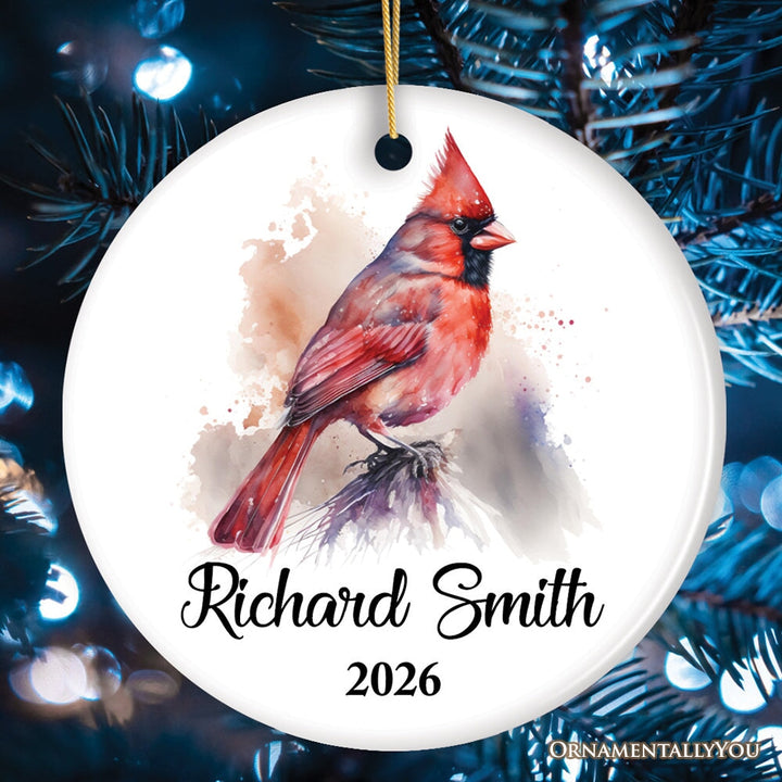Personalized Artistic Cardinal Watercolor Ornament, Custom Name and Date Gift Ceramic Ornament OrnamentallyYou Circle 