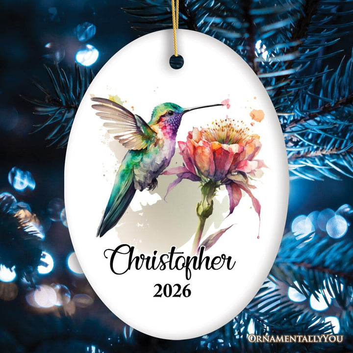 Personalized Artistic Hummingbird Watercolor Ornament, Custom Name and Date Gift Ceramic Ornament OrnamentallyYou Oval 