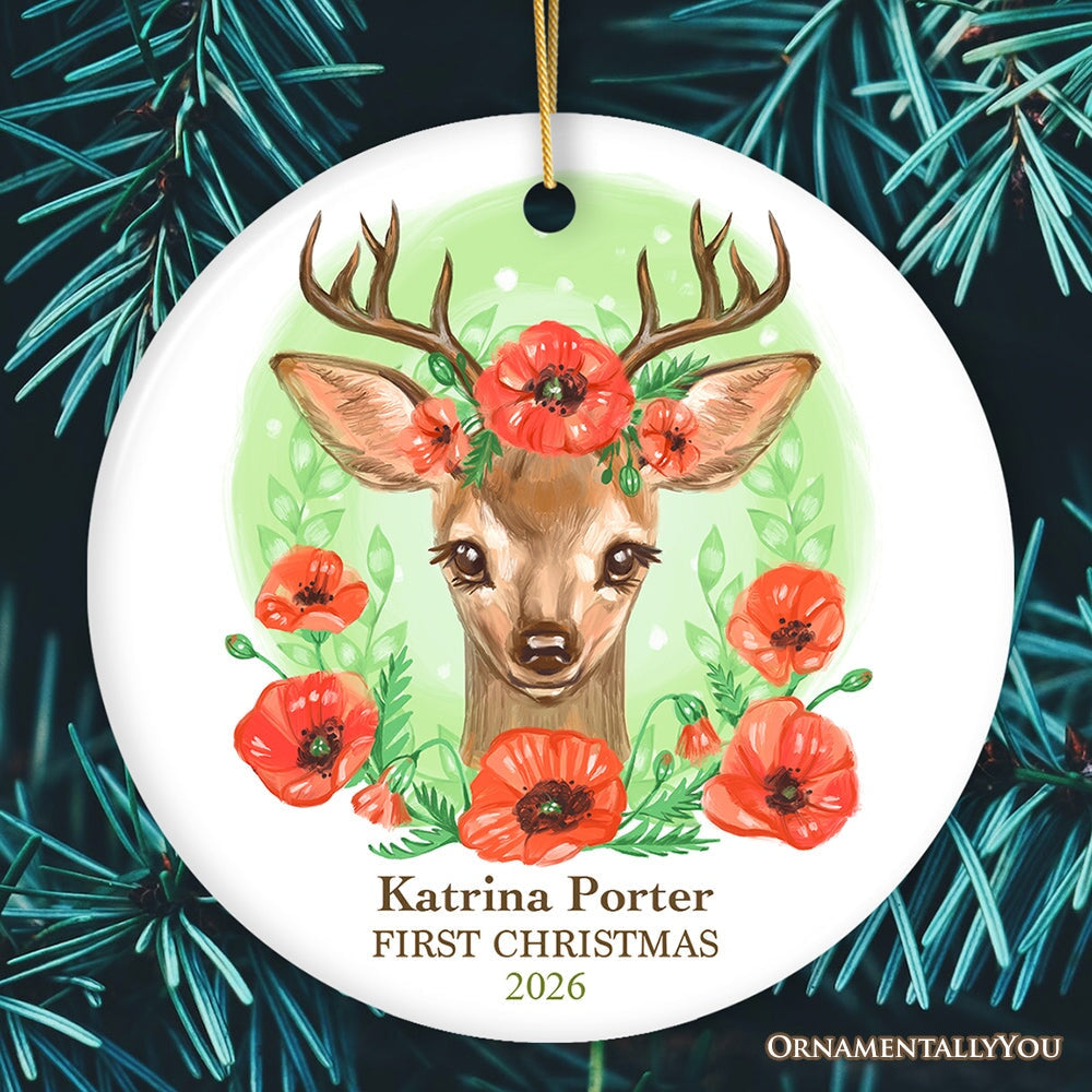 Personalized Baby's First Christmas Fawn Deer Watercolor Christmas Ornament Ceramic Ornament OrnamentallyYou Circle 