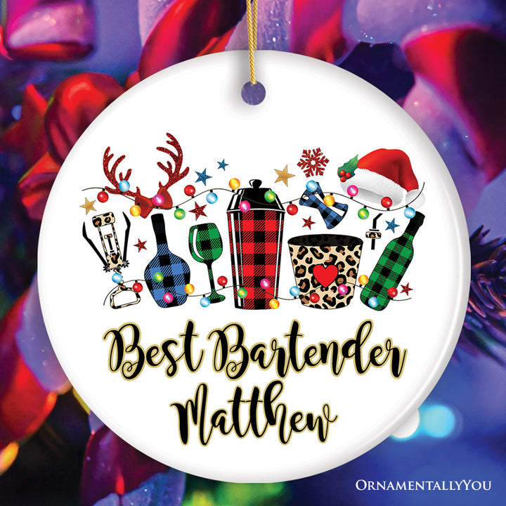 Personalized Bartender Buffalo Plaid Leopard Merry Christmas Ornament Gift