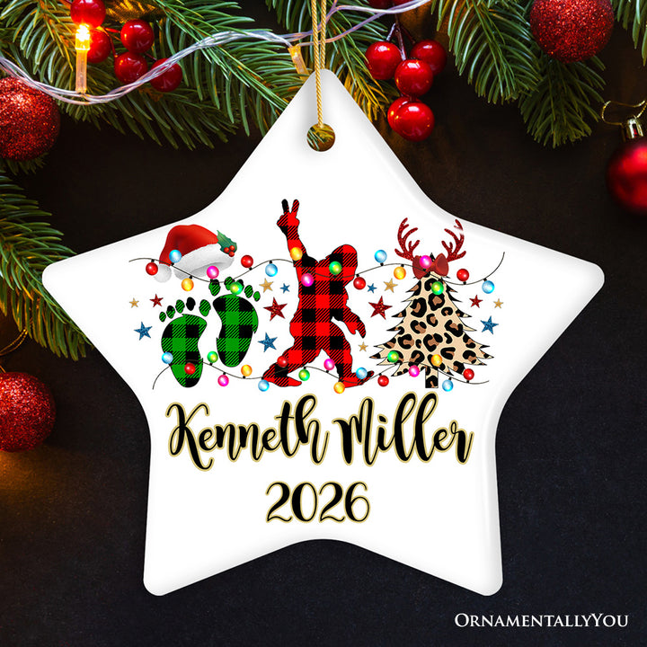 Personalized Bigfoot Buffalo Plaid Christmas Ornament, Sasquatch Holiday Decoration