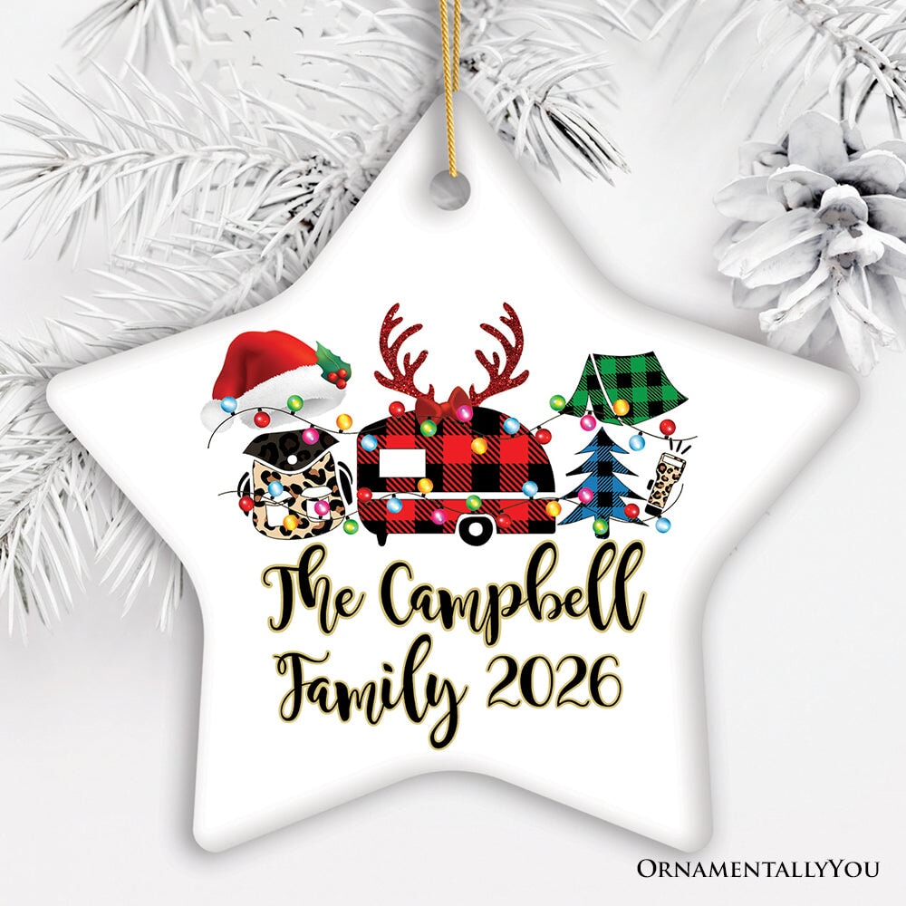 Personalized Camp Buffalo Plaid Leopard Merry Christmas Ornament, Camping Friends Gift Ceramic Ornament OrnamentallyYou Star 