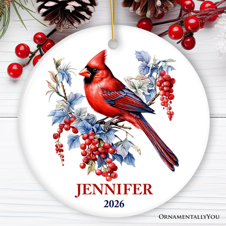 Personalized Cardinal Ornament, Winter Wonderland Christmas Gift With Custom Name and Date Ceramic Ornament OrnamentallyYou Circle 