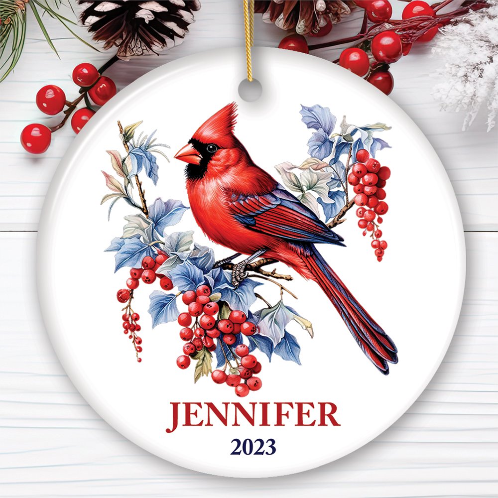 Personalized Cardinal Ornament, Winter Wonderland Christmas Gift With Custom Name and Date Ceramic Ornament OrnamentallyYou Circle 