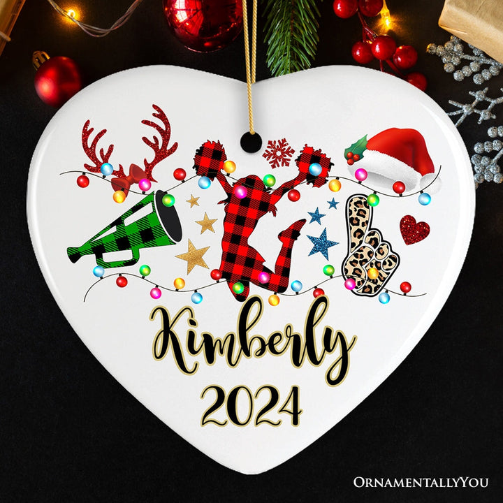 Personalized Cheer Buffalo Plaid Leopard Merry Christmas Ornament, Cheer Team or Coach Gift Ceramic Ornament OrnamentallyYou Heart 