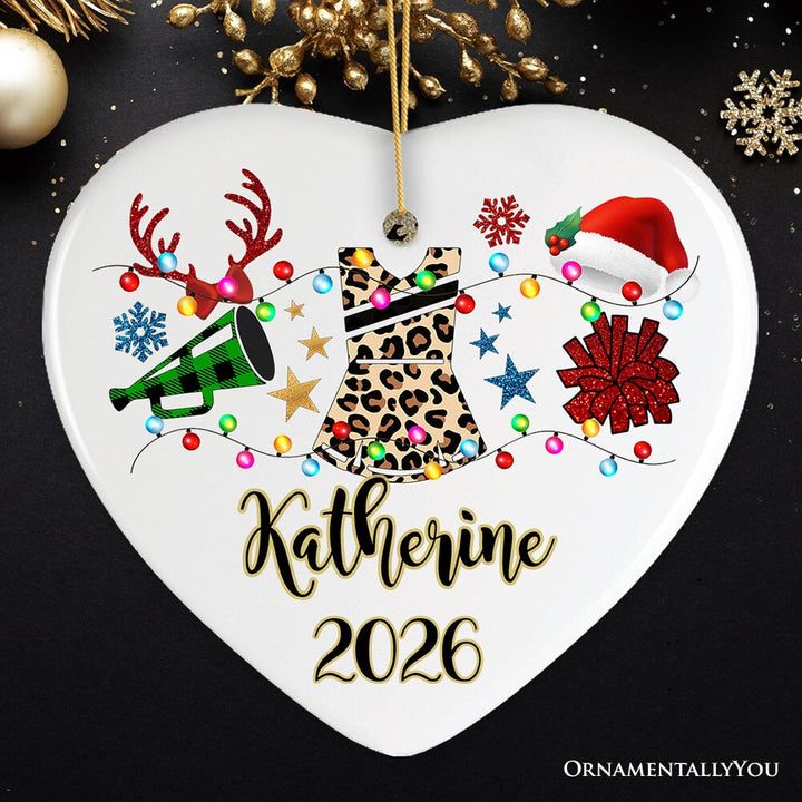Personalized Cheerleader Buffalo Plaid Leopard Merry Christmas Ornament, Cheer Mom Gift Ceramic Ornament OrnamentallyYou Heart 