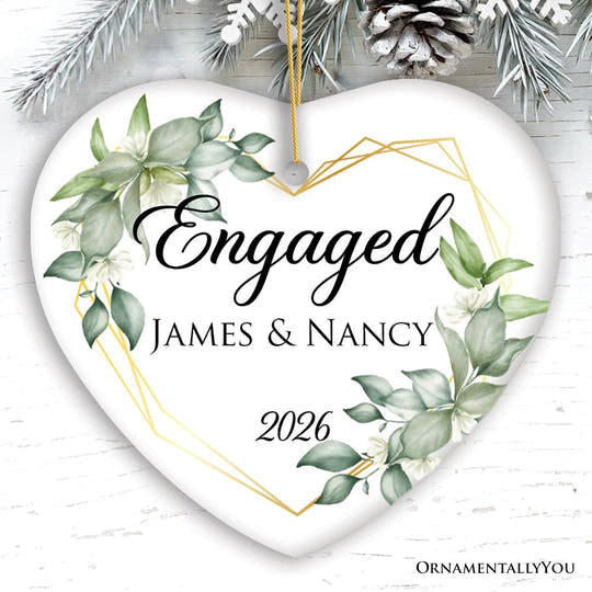 Personalized Engaged Ornament with Heart Flower Frame, Custom Name and Date Gift for Couple Ceramic Ornament OrnamentallyYou Heart 