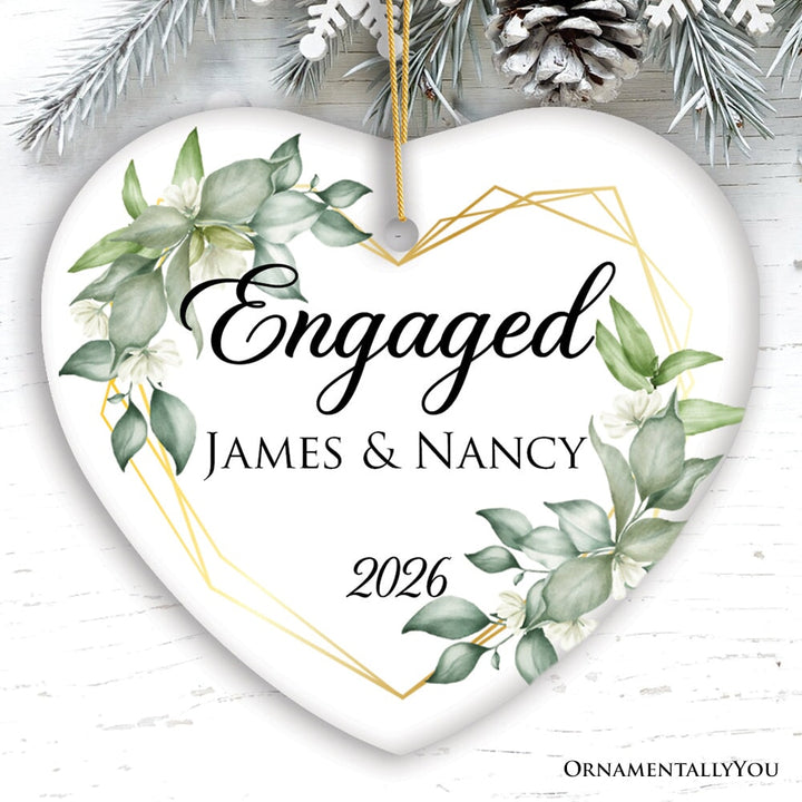 Personalized Engaged Ornament with Heart Flower Frame, Custom Name and Date Gift for Couple Ceramic Ornament OrnamentallyYou Heart 