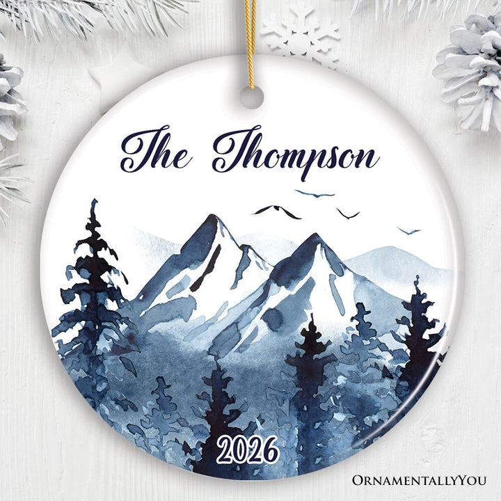 Personalized Family Ornament, Watercolor Mountain Keepsake Gift Ceramic Ornament OrnamentallyYou Circle 