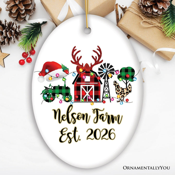 Personalized Farm Buffalo Plaid Leopard Merry Christmas Ornament, Farmhouse Gift Ceramic Ornament OrnamentallyYou Oval 