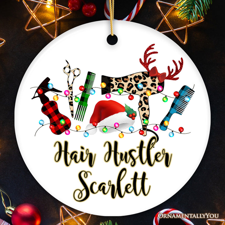 Personalized Hair Stylist Buffalo Plaid Leopard Merry Christmas Ornament, Hair Hustler Gift