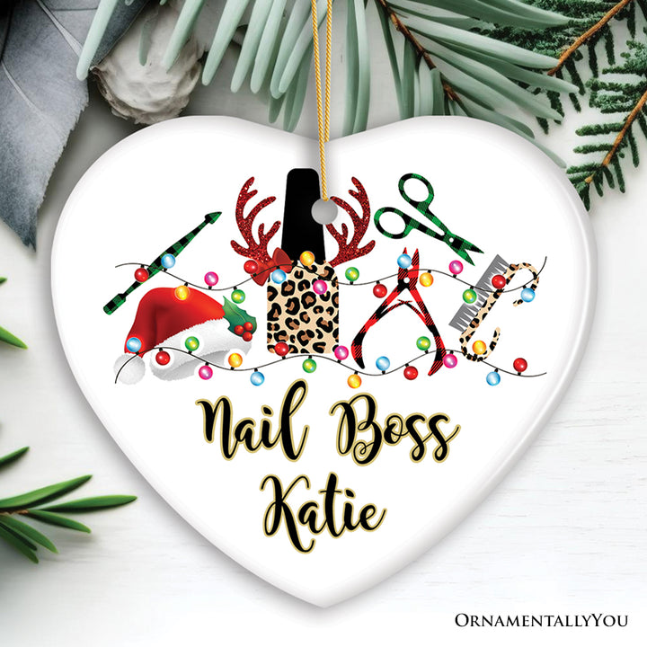 Personalized Nail Tech Buffalo Plaid Leopard Merry Christmas Ornament, Pedicure Gift