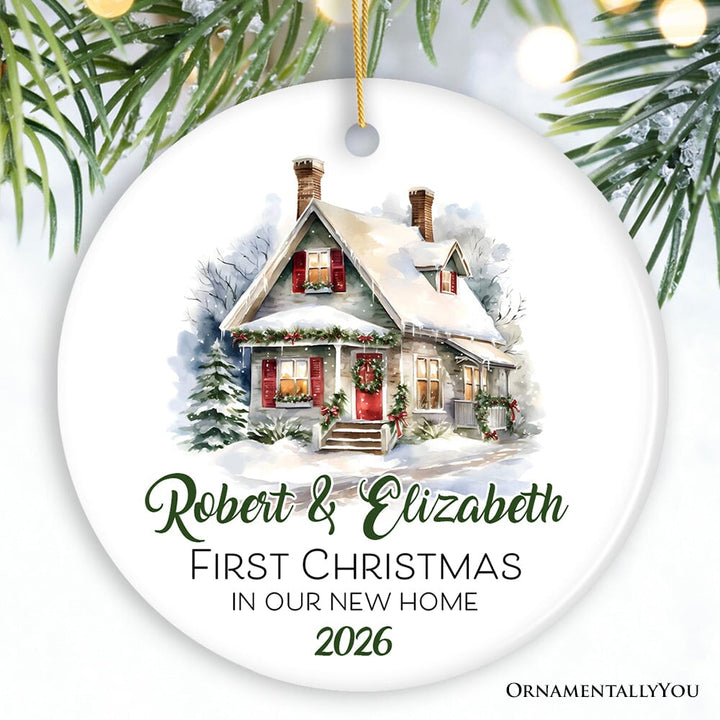 Personalized New Home General Rustic Winter House Theme Christmas Ornament, Watercolor Winter Forest Vintage Cabin Style Ceramic Ornament OrnamentallyYou Circle 