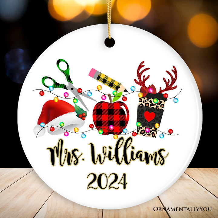 Personalized Plaid Teacher Merry Christmas Ornament, Holiday School Xmas Gift