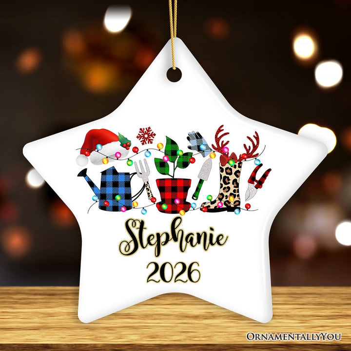 Personalized Plant Lover Gift Buffalo Plaid Leopard Merry Christmas Ornament, Botanical Gift Ceramic Ornament OrnamentallyYou Star 