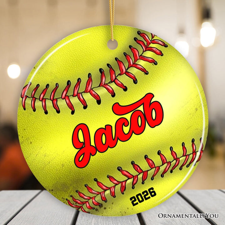 Personalized Softball Christmas Ornament, Festive Holiday Theme with Name and Date Ceramic Ornament OrnamentallyYou Circle 