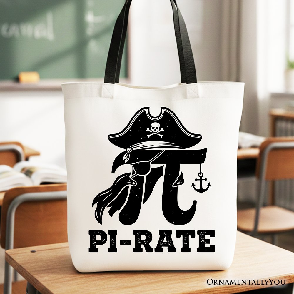 Pi 3.14 Pirate Tote Bag, Funny Math Pun Pi Day Gift Shopper Tote Bag OrnamentallyYou Black Handle 