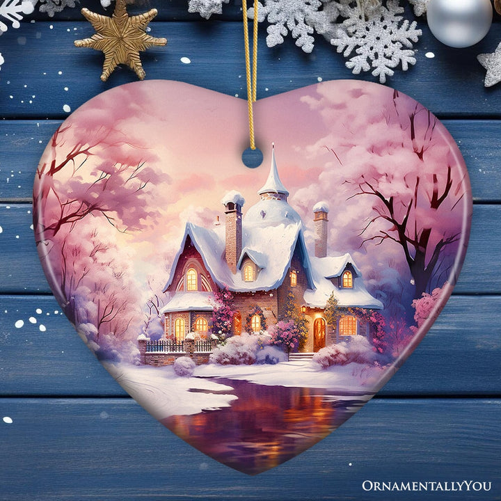 Picturesque Snowy Evening House Illustration Christmas Ornament, Peaceful Holiday Home Decoration Ceramic Ornament OrnamentallyYou Heart 