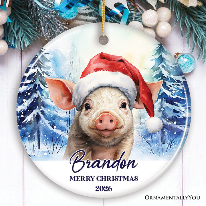Pig with Santa Hat Personalized Ornament, Winter Forest Christmas Gift With Custom Name and Date