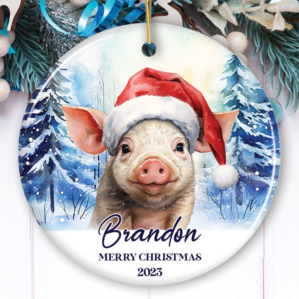 Pig with Santa Hat Personalized Ornament, Winter Forest Christmas Gift With Custom Name and Date Ceramic Ornament OrnamentallyYou Circle 