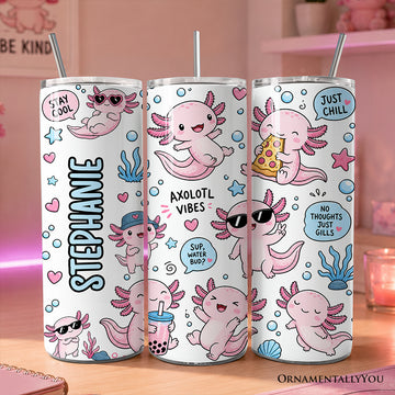 Pink Axolotl Vibe 20oz Personalized Tumbler With Lid and Stainless Steel Straw, Sea Animal Pattern Gift Cup