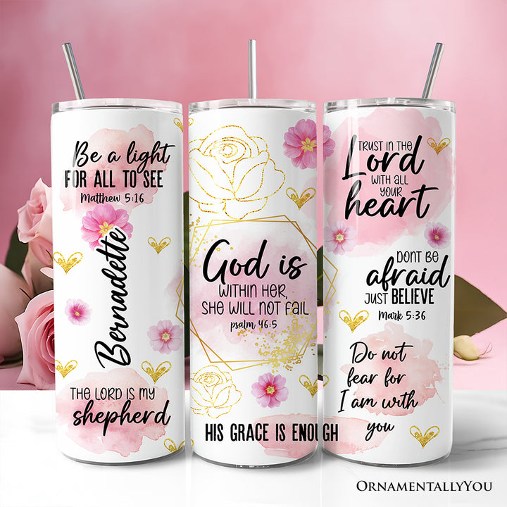Pink Floral Bible Verses 20oz Personalized Tumbler With Lid and Stainless Steel Straw, Woman Christian Affirmation Gift Cup