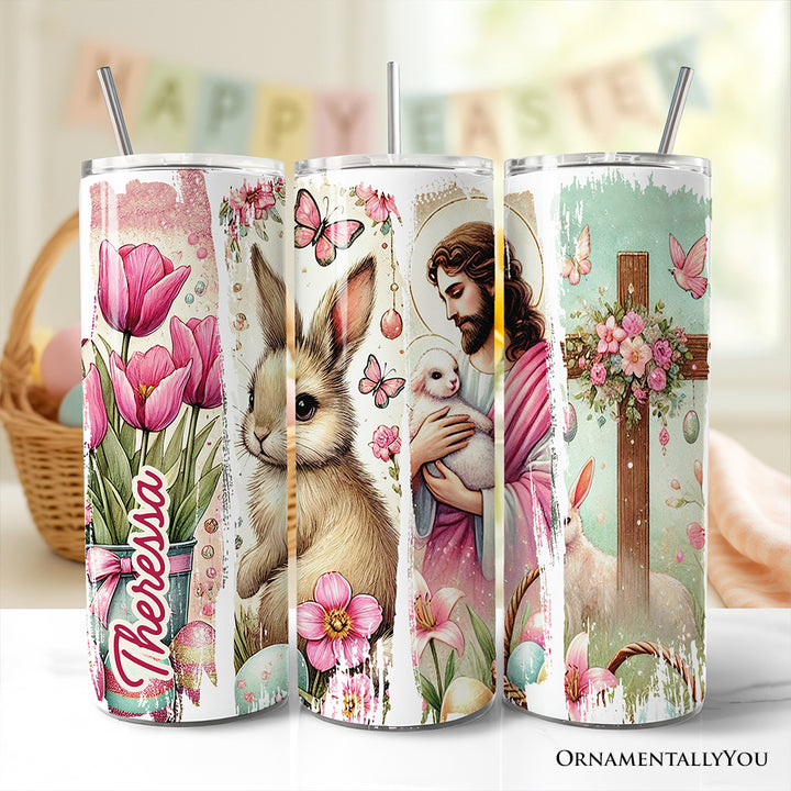 Pink Jesus and Bunny 20oz Personalized Tumbler With Lid and Stainless Steel Straw, Easter Brushstrokes Spring Gift Cup