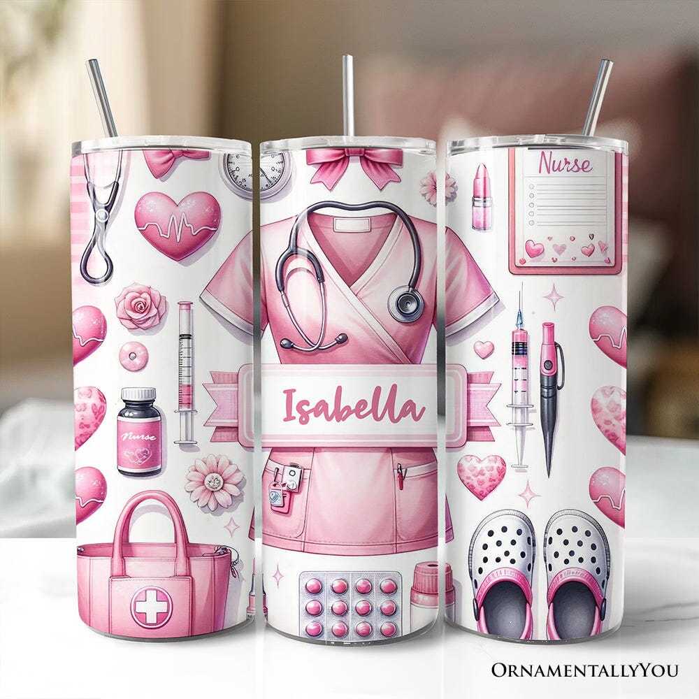 Pink Nurse Life 20oz Personalized Tumbler With Lid and Stainless Steel Straw, Medical Worker Appreciation Gift Cup Tumbler OrnamentallyYou Customized 