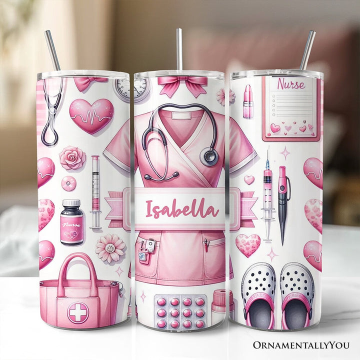 Pink Nurse Life 20oz Personalized Tumbler With Lid and Stainless Steel Straw, Medical Worker Appreciation Gift Cup Tumbler OrnamentallyYou Customized 