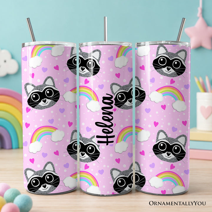 Pink Raccoon Rainbow Pattern 20oz Personalized Tumbler With Lid and Stainless Steel Straw, Colorful Woodland Animal Gift Cup