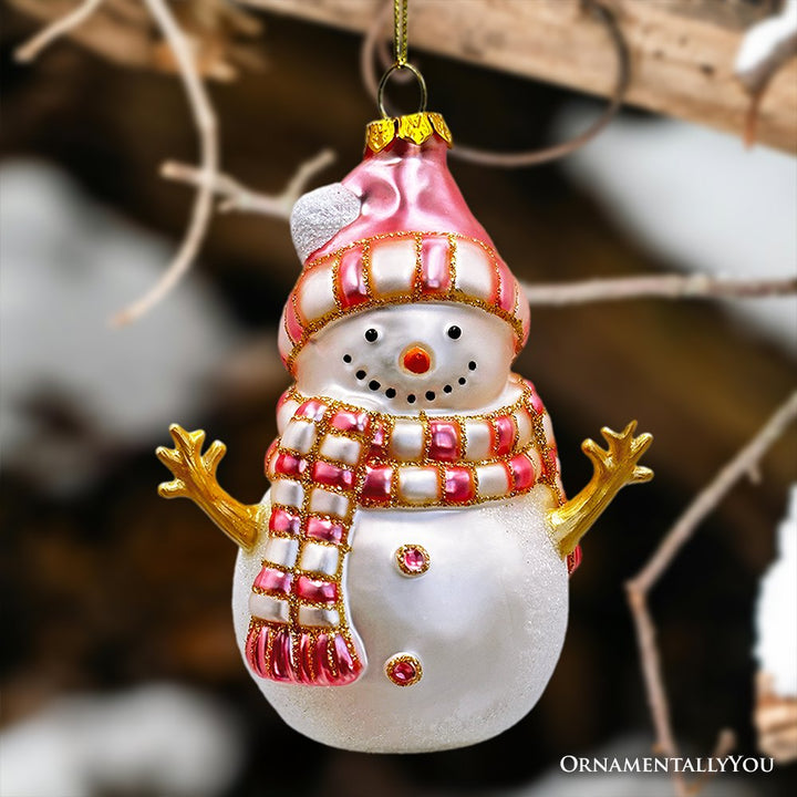 Pink Snowman Glass Ornament, Eclectic Christmas Tree Decor Glass Ornament OrnamentallyYou 