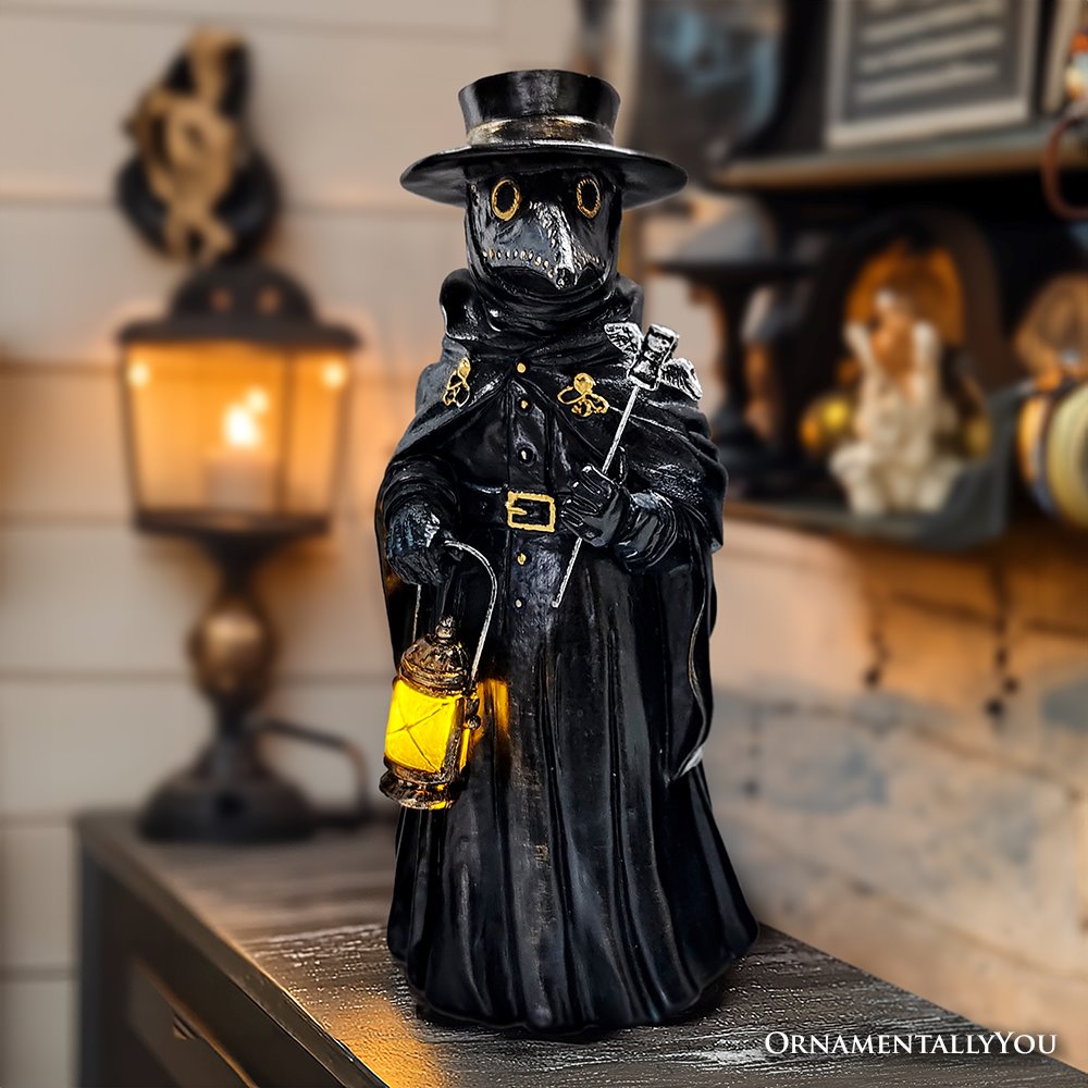 (Pre-Order) Plague Doctor Creepy Home Figurine, 8" LED Haunted Halloween House Statue Resin Statues OrnamentallyYou 