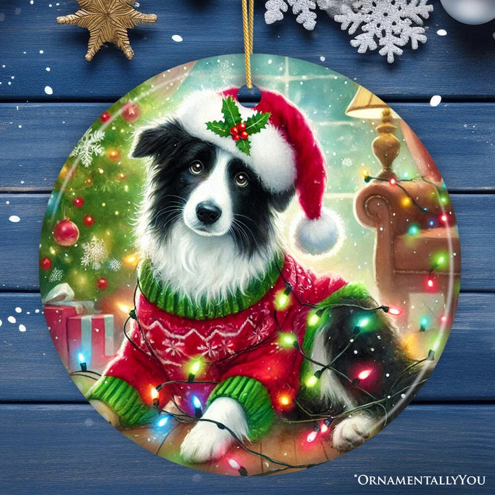 Playful Border Collie with Santa Hat Ornament, Festive Canine Christmas Decor Ceramic Ornament OrnamentallyYou 