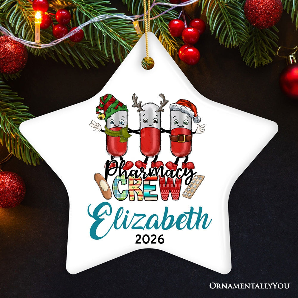 Playful Personalized Pharmacist Crew Christmas Ornament, Customized Gift for Pharmacy with Pills Ceramic Ornament OrnamentallyYou Star 