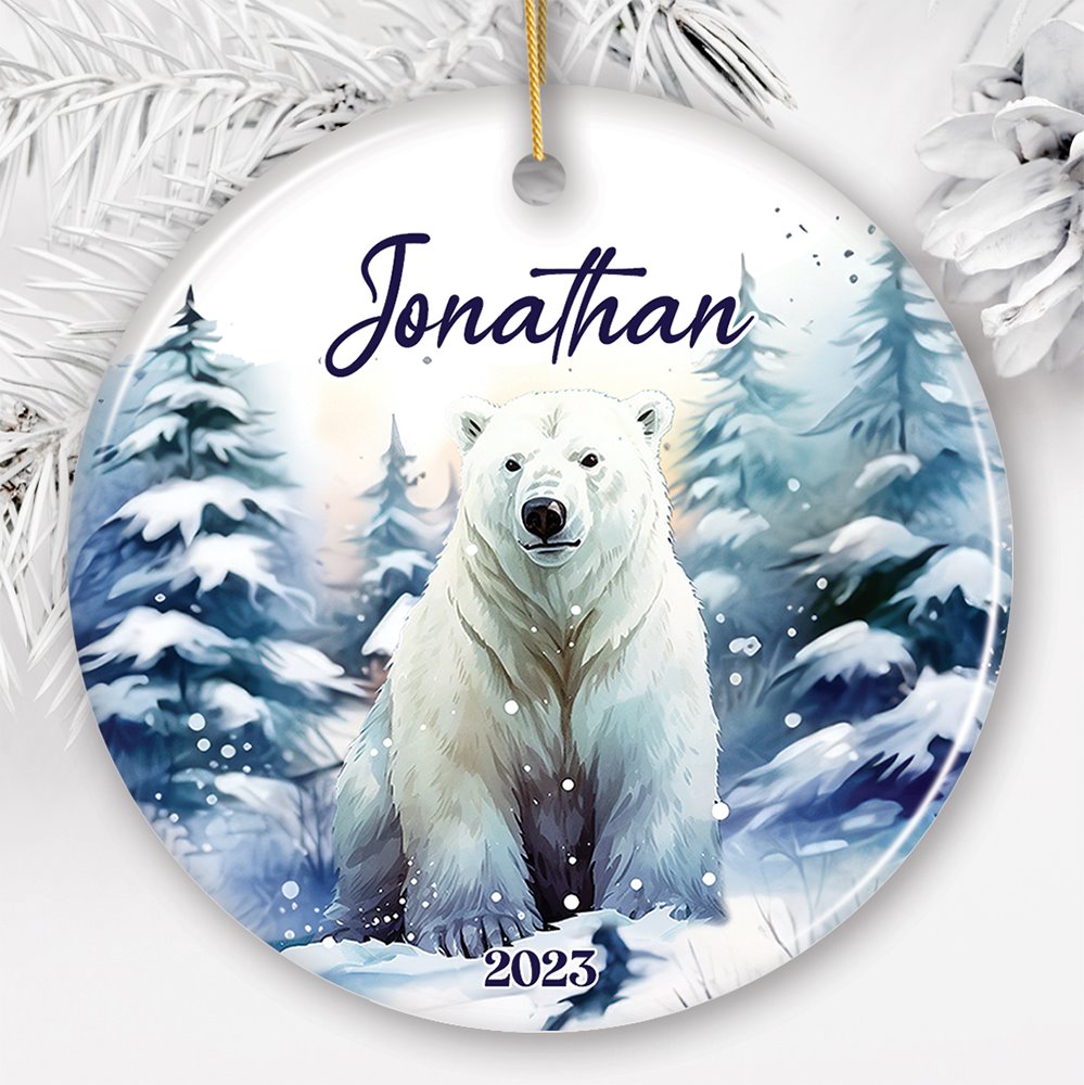 Polar Bear Personalized Ornament, Splendid Frozen Dreams Christmas Gift With Custom Name and Date Ceramic Ornament OrnamentallyYou Circle 