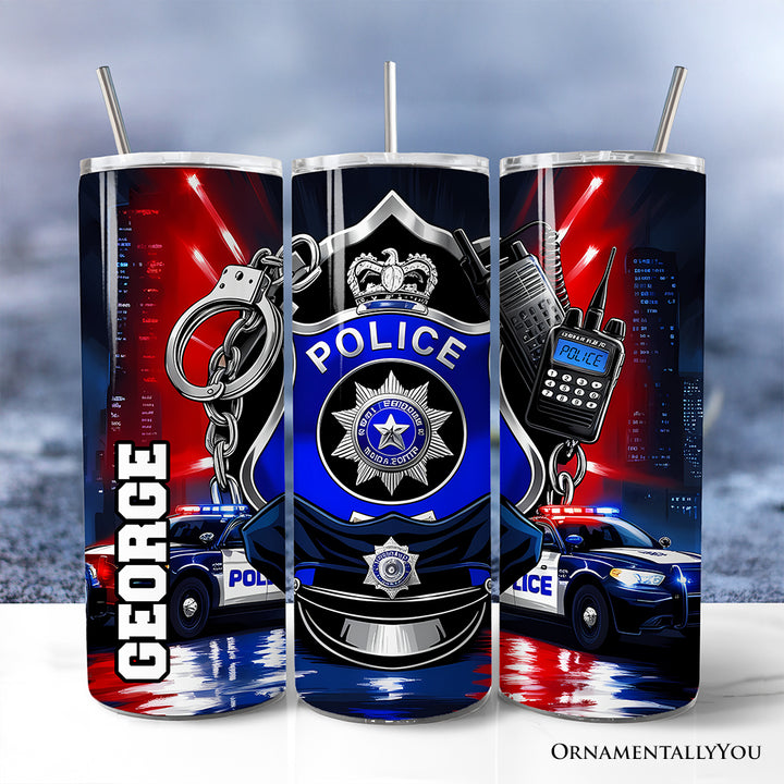 Police Badge and Patrol Car 20oz Personalized Tumbler With Lid and Stainless Steel Straw, Law Enforcement Appreciation Gift Cup