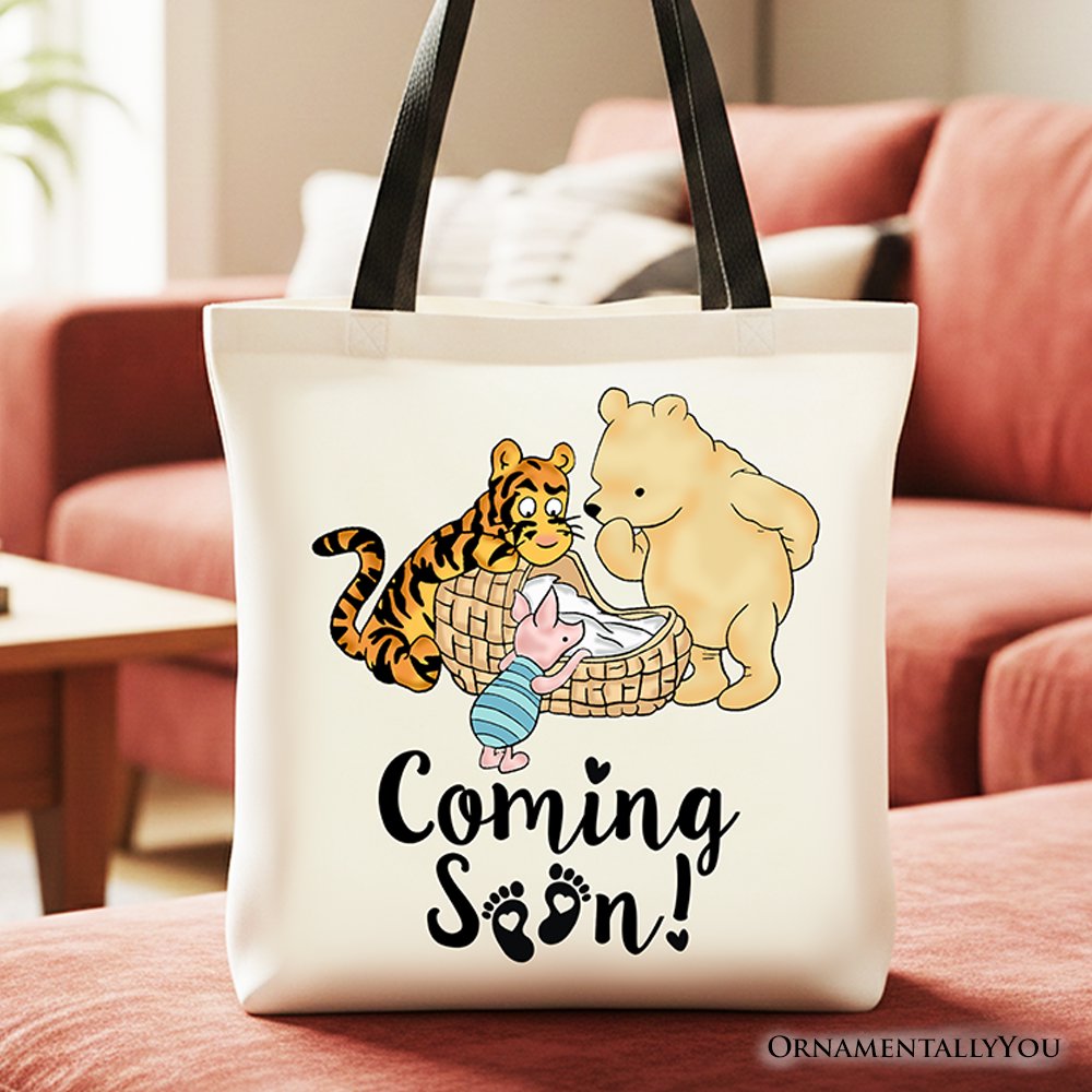 Pregnancy Announcement Winnie-the-Pooh Tote Bag 1926 A.A. Milne Baby Coming Soon Mom Gift Shopper Tote Bag OrnamentallyYou Black Handle 