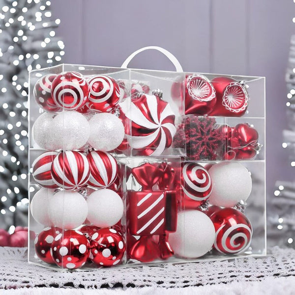 Polka Dot and Candycane Color Style Ornament Ball Bundle, Set of 24 Red and  White Patterned Christmas Baubles