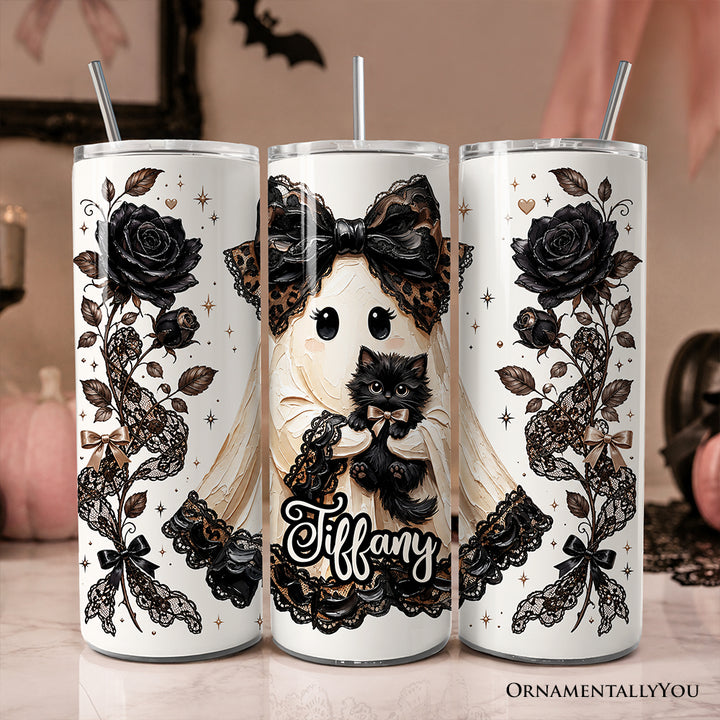 Preppy Ghost With Black Cat 20oz Personalized Tumbler With Lid and Stainless Steel Straw, Coquette Gothic Halloween Gift Cup